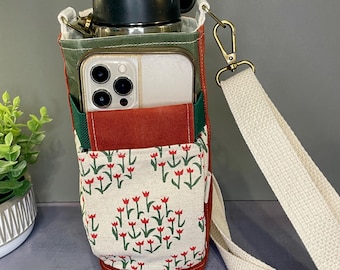 Water Bottle Bag, Terra Cotta with Flowers