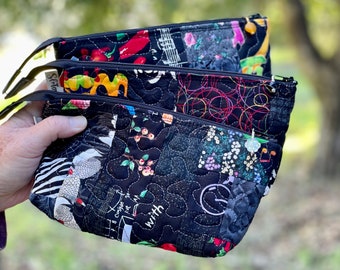 Quilted Zip Pouch: Crumb Pieced Cotton Cosmetic Travel Bag