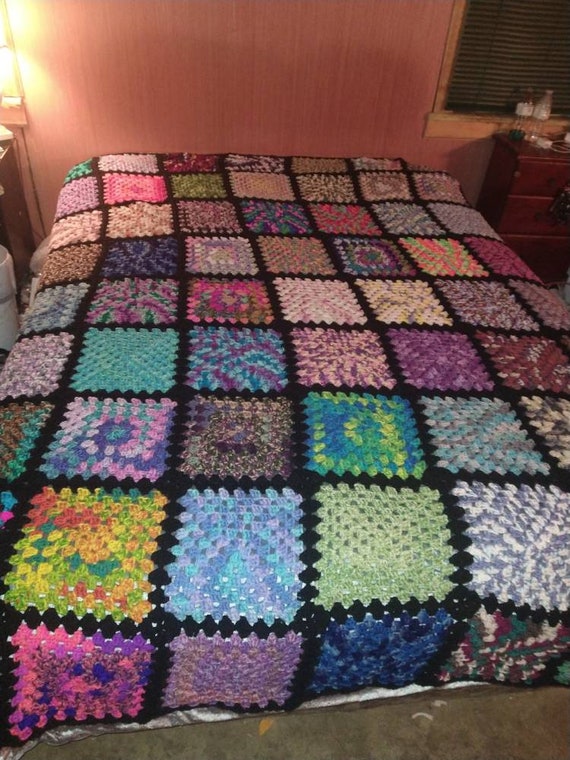Queen Size Granny Square Crocheted Multi colored King of Multi