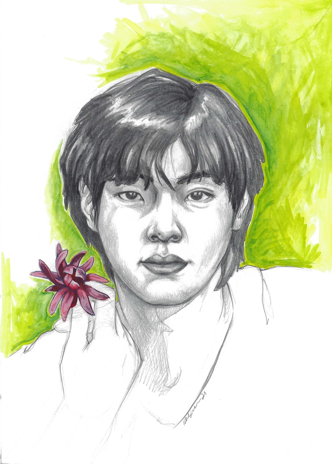 Original Taehyung With Birth Flower Portrait Etsy