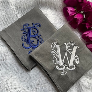 Set of 2 solid Gray Handkerchiefs, Monogrammed Groomsmen Gift, Personalized Embroidered Initial, Embroidered Handkerchief