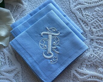 Juego de 3 pañuelos azul claro, regalo para hombre con monograma, inicial bordada personalizada, pañuelo bordado, monograma en espiral