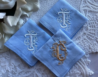 Set of 3 Light Blue Handkerchiefs, Monogrammed Men's Gift, Personalized Embroidered Initial, Embroidered Handkerchief