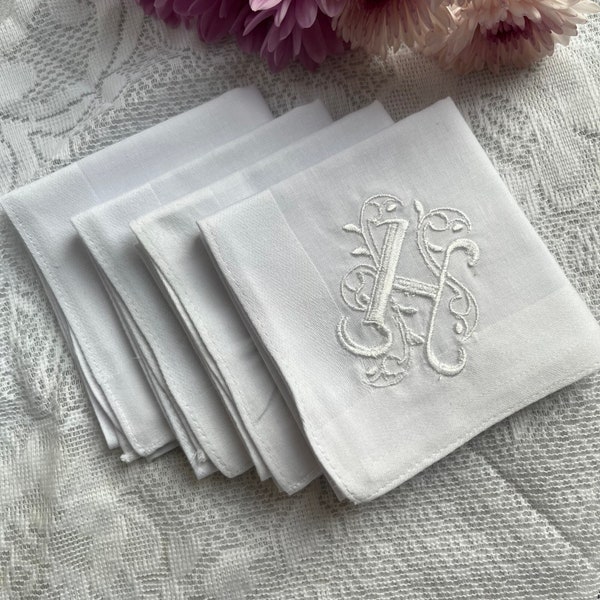 Set of 4 Custom Monogrammed Handkerchiefs, White Personalized Hankies, Embroidered Gift for Father