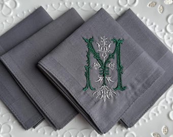 Set of 4 solid Gray Handkerchiefs, Monogrammed Groomsmen Gift, Personalized Embroidered Initial, Embroidered Handkerchief
