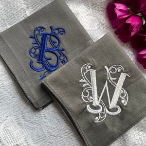 Set of 2 solid Gray Handkerchiefs, Monogrammed Groomsmen Gift, Personalized Embroidered Initial, Embroidered Handkerchief