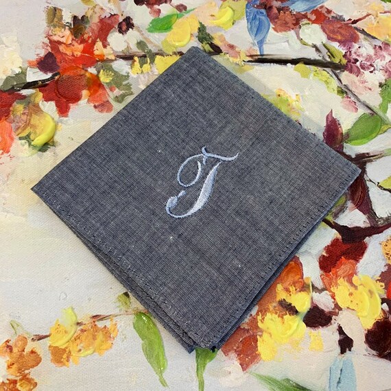 1 Gray Monogrammed Handkerchief Groomsmen Gift Embroidered Handkerchief Personalized Embroidered Initial