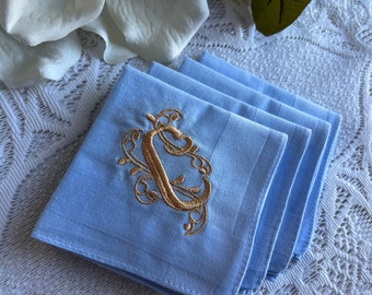 Juego de 4 pañuelos azul claro con monograma, regalo personalizado, inicial bordada, pañuelo bordado, monograma en espiral