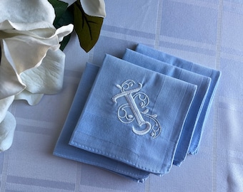 Juego de 4 pañuelos azul claro con monograma, regalo personalizado, inicial bordada, pañuelo bordado, monograma en espiral