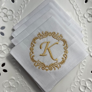 Set of 4 Custom Monogrammed Handkerchiefs, White Personalized Hankies, Embroidered Gift for Father
