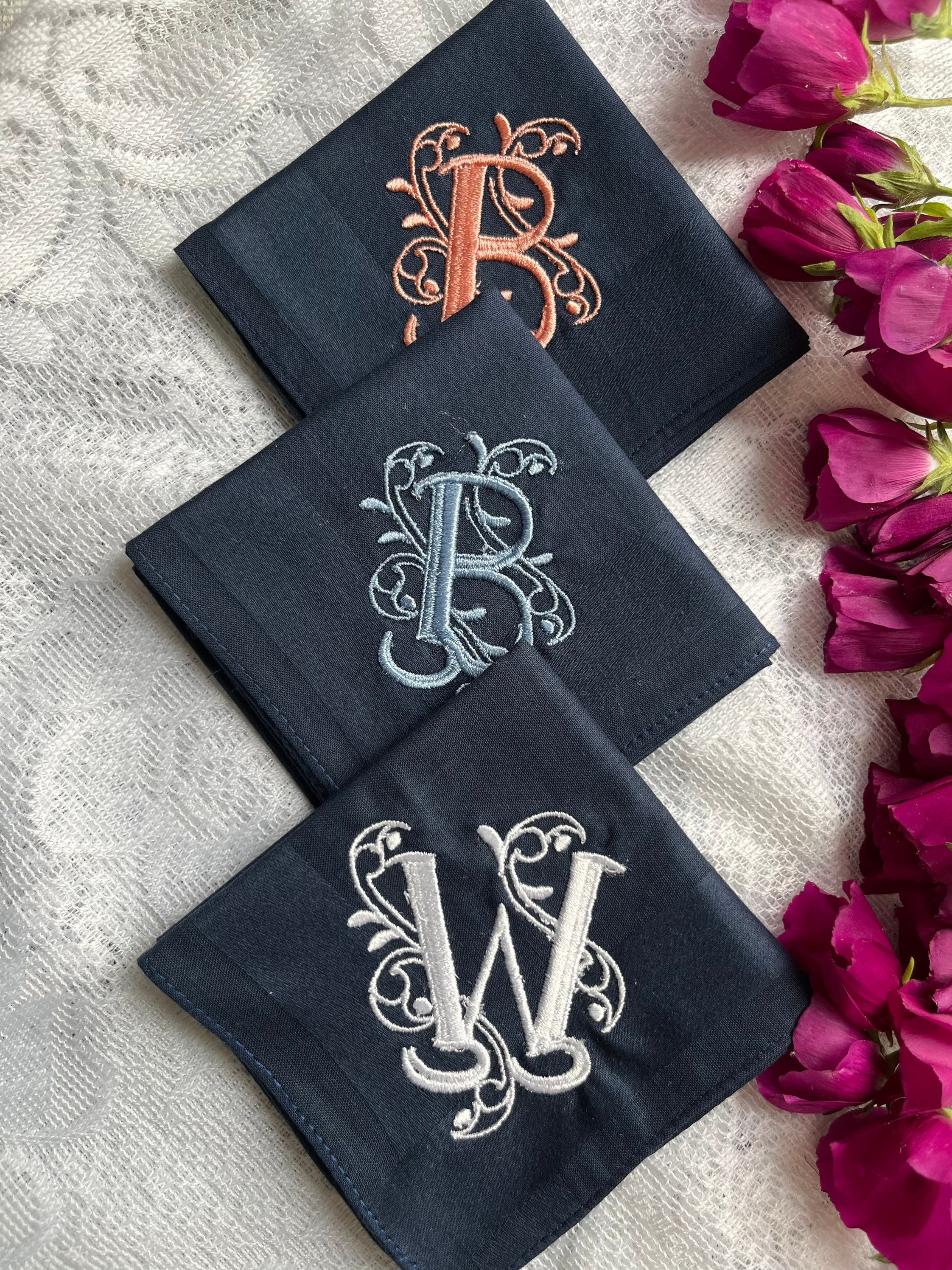 Set of 3 Navy Handkerchiefs, Monogrammed Mens Gift, Personalized Embroidered Initial, Embroidered Handkerchief, Navy Blue