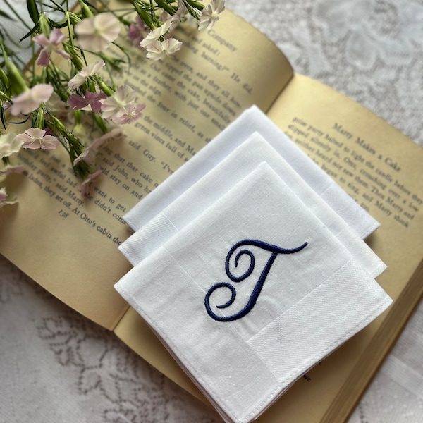 3 White Handkerchief, Monogrammed Groomsmen Gift, Personalized Embroidered Initial, Embroidered Handkerchief