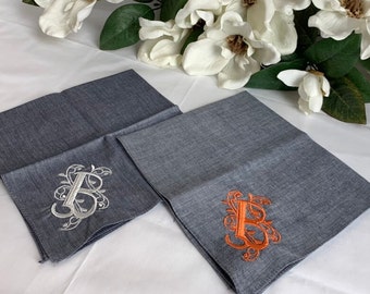 Set of 2 Custom Monogrammed Handkerchiefs, Gray Personalized Hankies, Embroidered Gift for Father