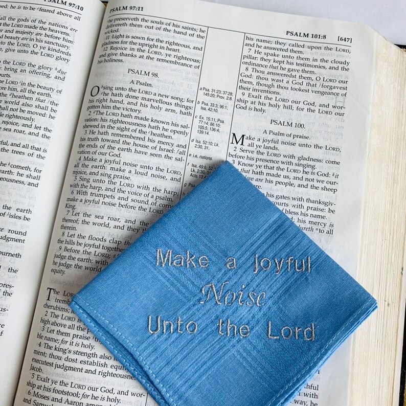 Inspirational Gift Embroidered Handkerchief Make a Joyful Noise unto the Lord KJV Scripture Verse Custom Blue Handkerchief
