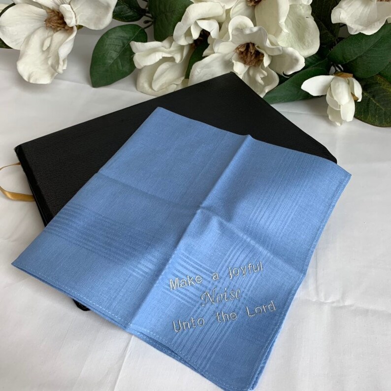 Inspirational Gift Embroidered Handkerchief Make a Joyful Noise unto the Lord KJV Scripture Verse Custom Blue Handkerchief