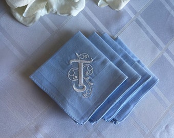 Juego de 4 pañuelos azul claro, regalo para hombre con monograma, inicial bordada personalizada, pañuelo bordado, monograma en espiral