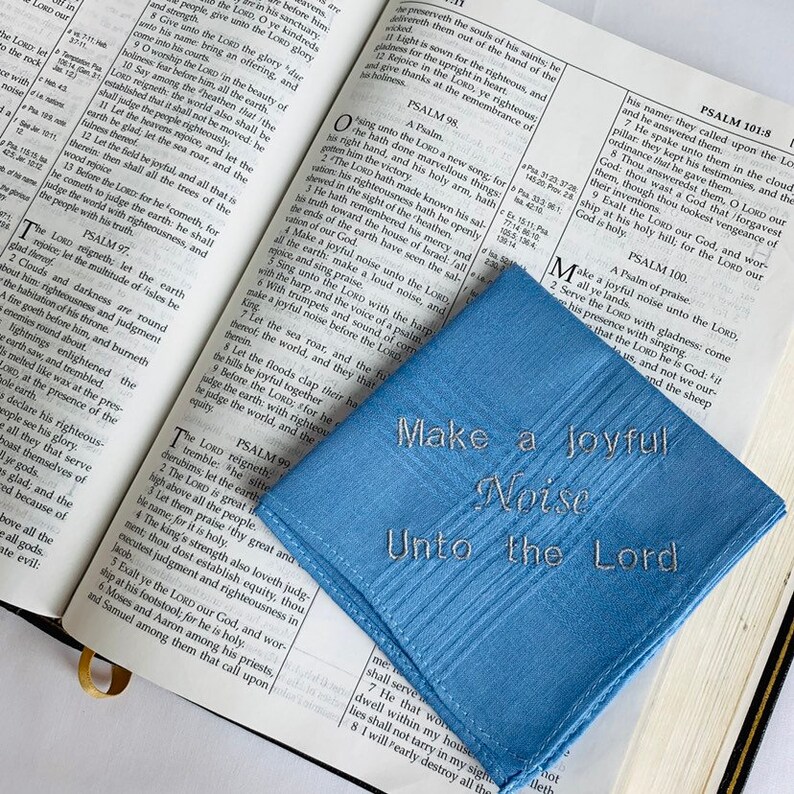 Inspirational Gift Embroidered Handkerchief Make a Joyful Noise unto the Lord KJV Scripture Verse Custom Blue Handkerchief