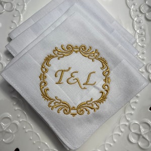 Set of 4 Custom Monogrammed Handkerchiefs, White Personalized Hankies, Embroidered Gift for Father