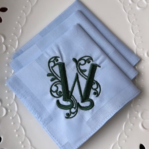 Set of 3 Light Blue Handkerchiefs, Monogrammed Mens Gift, Personalized Embroidered Initial, Embroidered Handkerchief, Swirly Monogram