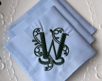 Juego de 3 pañuelos azul claro con monograma e inicial bordada, regalo para hombre