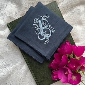 Set of 2 solid Navy Blue Handkerchiefs, Monogrammed Groomsmen Gift, Personalized Embroidered Initial, Embroidered Handkerchief