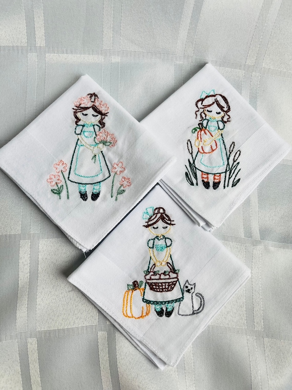 Set of 3 White cotton Handkerchiefs Sweet Girl with Flowers Embroidered Handkerchief Sweet Girl with Teal dress Girls Handkerchief