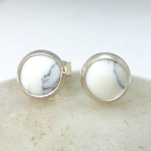 White Howlite Stud Earrings .. 6mm Round .. Howlite Studs .. Silver Studs .. Handmade Earrings