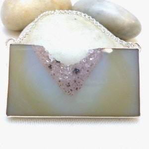 Druzy Agate Statement Necklace – One of a Kind Lavender & Cream Crystal Pendant | Handmade Sterling Silver Jewelry | 17&quot; Chain