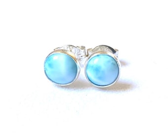 Larimar Stud Earrings 6MM .. Blue Larimar Earrings .. Silver Studs .. Small Stud Earrings sterling 925 Silver