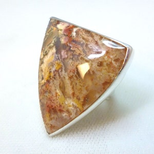 Moss Agate Statement Ring – Sterling Silver Triangle Cabochon | Handmade Artisan Ring Size 5.5 | Nature Inspired Minimalist Jewelry