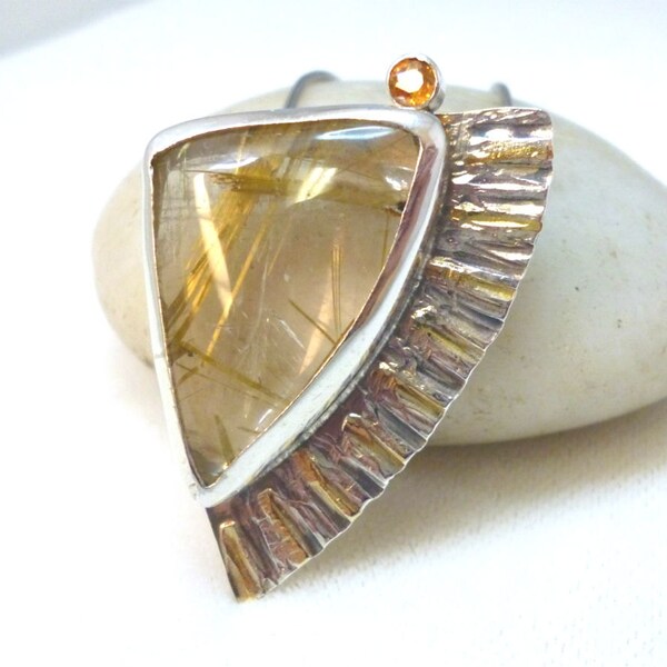 Sterling Silver and Rutilated Quartz with Orange Sapphire and 14K Gold Pendent Necklace ***SALE*** Handcrafted