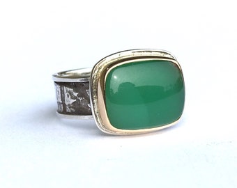 Green Chrysoprase 14K Gold and Sterling Silver Gemstone Ring Size 8.5