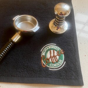 A Little Coffee Lover Gift! Coffee Corner Personalised Bar Towel - 30cm Black, Mid Grey OR Dark Grey Coffee Towel image 10