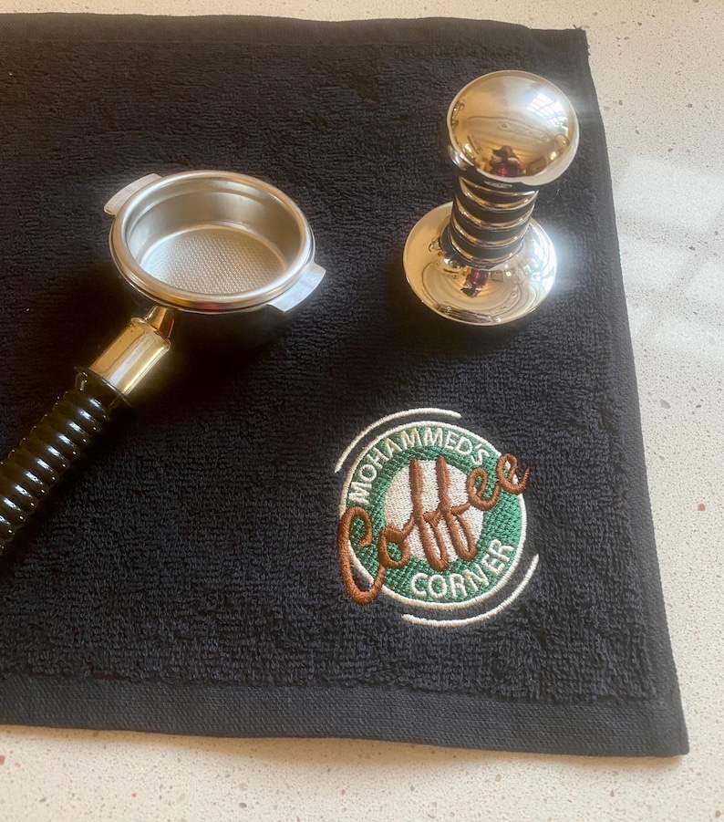 A Little Coffee Lover Gift! Coffee Corner Personalised Bar Towel - 30cm Black, Mid Grey OR Dark Grey Coffee Towel image 10