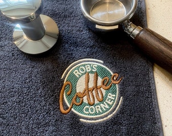 A Little Coffee Lover Gift! Coffee Corner Personalised Bar Towel - 30cm Black, Mid Grey OR Dark Grey Coffee Towel