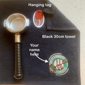 A Little Coffee Lover Gift! Coffee Corner Personalised Bar Towel - 30cm Black, Mid Grey OR Dark Grey Coffee Towel image 3