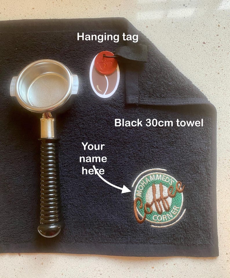 A Little Coffee Lover Gift! Coffee Corner Personalised Bar Towel - 30cm Black, Mid Grey OR Dark Grey Coffee Towel image 3