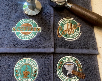 Head Barista, Coffee Station, Coffee Bar or Coffee Corner Personalised Bar Towels - Green, Cream and Brown Collection!