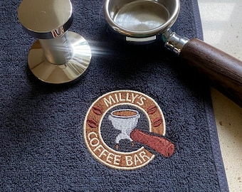 Portafilter Personalised Coffee Towel - 30cm Square All Black, Mid Grey OR Dark Grey Towel - Great Home Barista Gift!