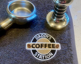 Coffee Station Personalised Bar Towel - 30cm Square All Black or Charcoal 30cm Towel - Great Little Coffee Lover Gift!