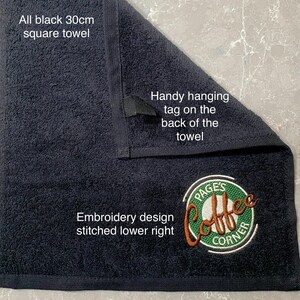 A Little Coffee Lover Gift! Coffee Corner Personalised Bar Towel - 30cm Black, Mid Grey OR Dark Grey Coffee Towel image 7