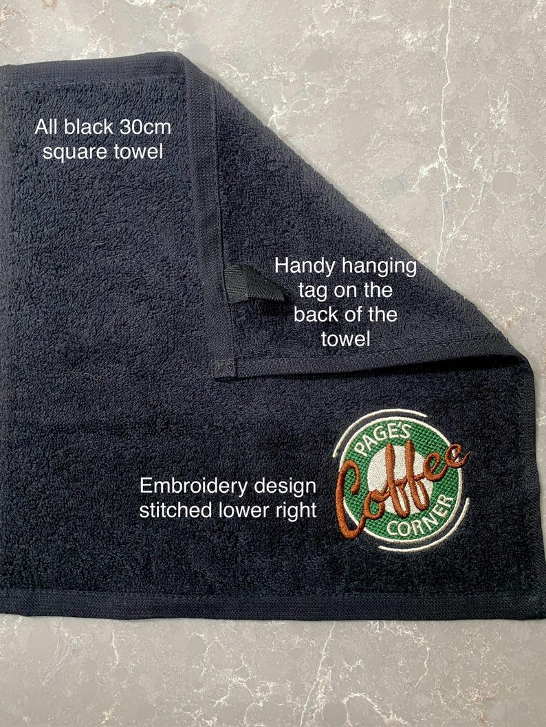 A Little Coffee Lover Gift! Coffee Corner Personalised Bar Towel - 30cm Black, Mid Grey OR Dark Grey Coffee Towel image 7