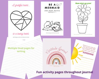 May include: A printable gratitude journal with colorful pages featuring a rainbow, a heart, a sun, a flower, and a mermaid. The journal includes lined pages for writing and fun activities.