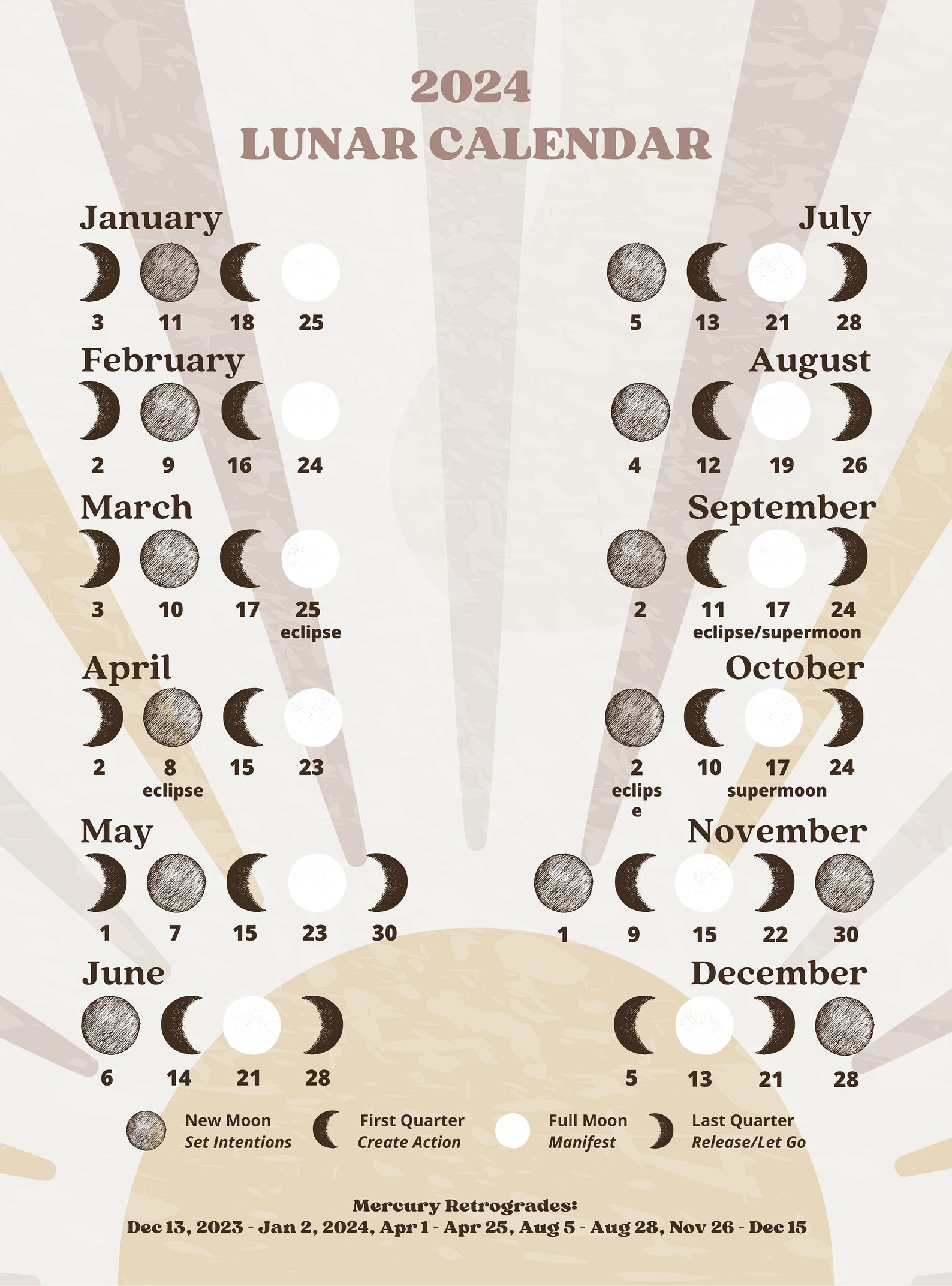 Lunar Calendar 2024 digital FEATHER Design - Etsy