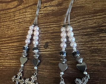 silver hair clips with beads and cross charms