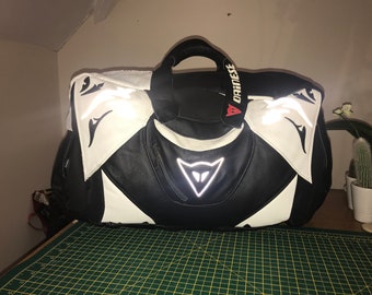 Race Suit, leather recycled leather Holdall, Upcycled leather bag,leather weekender, leather overnight bag, leather hand luggage ,Dainese