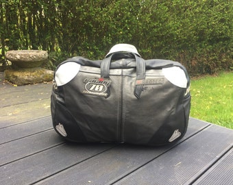 Race Suit, leather recycled leather Holdall, Upcycled leather bag,leather weekender, leather overnight bag, leather hand luggage ,Dainese