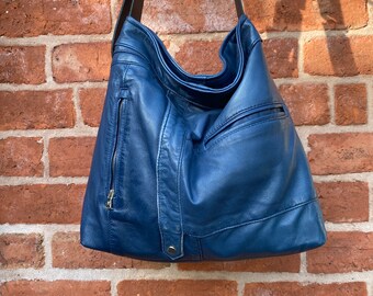 Repurposed blue Leather Jacket to Bag