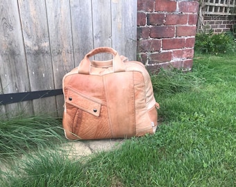 Leather Overnight Holdall,Medium Tan Leather holdall, reclaimed leather jacket ,handbag,repurposed, weekender bag, leather weekender,