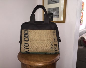 Reclaimed Coffee Bean Sack and Leather holdall, Overnight Bag, weekender bag,reclaimed leather,coffee beans overnight bag